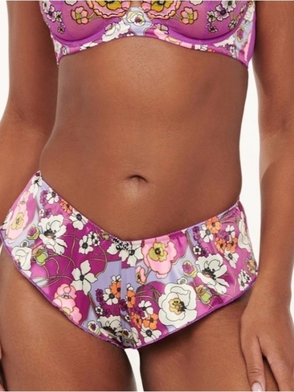 Savage X Fenty Mod Poppy Stretch-Satin Tap Purple Floral High-Rise Short.